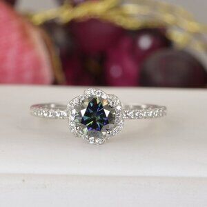 Certified Moissanite Diamond 1CT Rainbow Blue Solitaire Engagement Ring